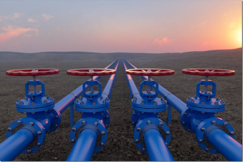 Oil Or Gas Transportation With Blue Gas Or Pipe Line Valves On Soil And Sunrise Background