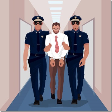 Police officers arrested businessman at office and lead him with handcuffs in business center. Corruption or Crime concept. Simplistic realistic cartoon style